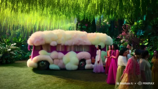 设计一款毛绒绒的大巴车，人，植物 by Hailuo AI Video Generator