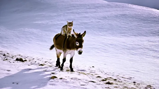 一只骑驴的猫，一个情感场景，在山里，雪地，摄像机移动 by Hailuo AI Video Generator