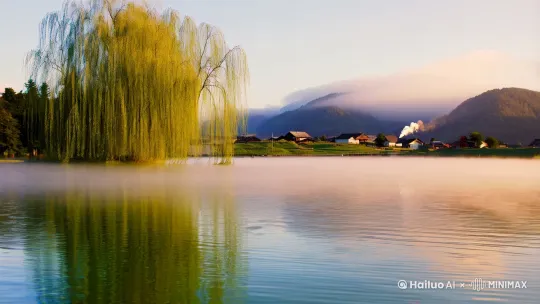 晨光熹微，薄雾如纱，笼罩着静谧的湖面。湖水澄澈，倒映着岸边的垂柳，细长的柳枝在微风中轻轻摇曳，似是与湖水悄声低语。
 
远处，山峦连绵起伏，在晨雾的笼罩下若隐若现，宛如一幅淡墨的山水画。山脚下，几户人家错落分布，屋顶上升起袅袅炊烟，给这宁静的画面增添了几分人间烟火气。
 
湖边的草地上，野花肆意绽放，红的、黄的、紫的，五彩斑斓，散发着淡淡的芬芳。草丛中，露珠在阳光的映照下闪烁着晶莹的光芒，宛如一颗颗细碎的钻石。偶尔有几只蝴蝶轻盈地飞过，在花丛间翩翩起舞，仿佛在与花朵嬉戏。
 
耳边，微风拂过树叶的沙沙声、鸟儿清脆的啼鸣声，交织成一曲美妙的自然乐章。深深吸上一口，空气中弥漫着泥土的清新、花草的芬芳，那股清甜直沁心脾，让人瞬间忘却了所有的烦恼，只沉浸在这如梦如幻的美景之中 。 by Hailuo AI Video Generator