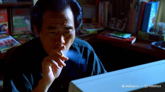近景镜头，一个坐在电脑前的亚洲中年男性，一遍抽着烟一边玩着电脑游戏，突然窗户大风吹开，电脑和家具被风吹倒。镜头快速后拉。 by Hailuo AI Video Generator
