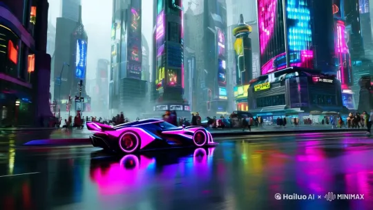 炫酷的跑车行驶在赛博朋克的世界 by Hailuo AI Video Generator
