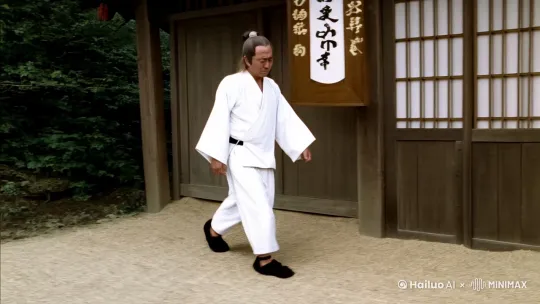 [跟随]一位年过半百的武学宗师，身穿白色长袍，扎着长发，黑色布鞋，正迈着沉重的步伐走向道馆的门口，[左移,上升]门外挂着的木牌写着“店铺转让”，[右摇,变焦推进]关上门后，武学宗师像失了魂一样，垂头丧气的走向自己祖传的“武学世家”牌匾 by Hailuo AI Video Generator