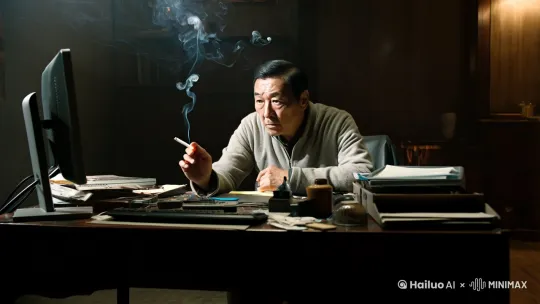 一个坐在电脑前的亚洲中年男性，一遍抽着烟一边玩着电脑游戏，突然电脑屏幕出现一道闪光，然后电脑被炸毁，产生了大量浓烟，弥漫整个画面，火花四溅，形成了蘑菇云。 by Hailuo AI Video Generator