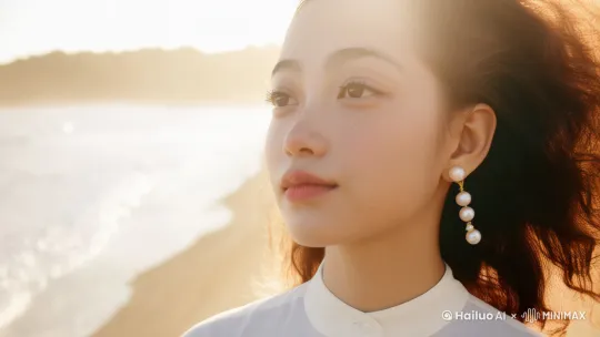 伴随着镜头拉远，一个女孩站在海边，望着海浪陷入沉思 by Hailuo AI Video Generator