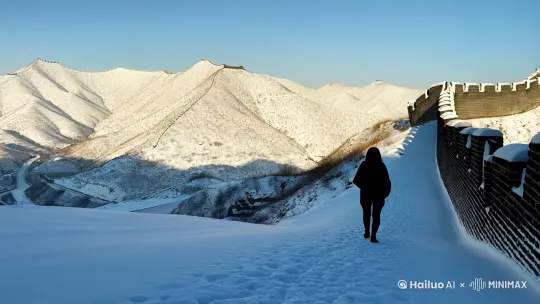 千里冰封万里雪飘的长城上，一位日本女子慢慢地走路 by Hailuo AI Video Generator
