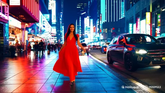 "一位 30 多岁的亚洲女性，身穿红色连衣裙，走在夜晚的城市街道上，背景是霓虹灯和车流，她面带微笑，眼神充满自信和魅力。" by Hailuo AI Video Generator