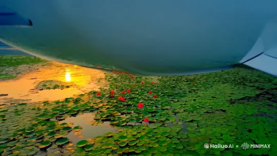 [视频主题] 西湖美景：接天莲叶无穷碧，映日荷花别样红 
 
[整体风格] 清新自然、诗意盎然、视觉震撼 
 
[镜头运用]
- 航拍镜头：展现西湖全景，湖面波光粼粼。
- 中景镜头：荷叶铺满水面，翠绿如画。
- 特写镜头：荷花随风摇曳，色彩鲜艳。
- 动态镜头：小舟划过湖面，行人漫步湖边。
 
[色彩搭配]
- 主色调：翠绿、鲜红、金色（夕阳余晖）
- 辅助色：湖水蓝、天空灰 
 
[音乐与节奏]
- 背景音乐：轻快悠扬的中国风音乐 
- 节奏变化：前半段缓慢推进，后半段加快节奏，结尾渐弱 
 
[画面细节]
- 荷叶密密层层，展现“无穷碧”的意境。
- 荷花在阳光下格外鲜艳，突出“别样红”的美感。
- 湖面倒影清晰，群山建筑与若隐若现。
 
[情感表达]
- 展现西湖的宁静与壮美。
- 传递人与自然和谐共生的美好画面。 by Hailuo AI Video Generator