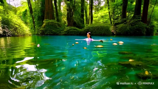 一位中国美女在森林湖波里游泳，周围有很多鱼儿围绕，湖水蔚蓝 by Hailuo AI Video Generator