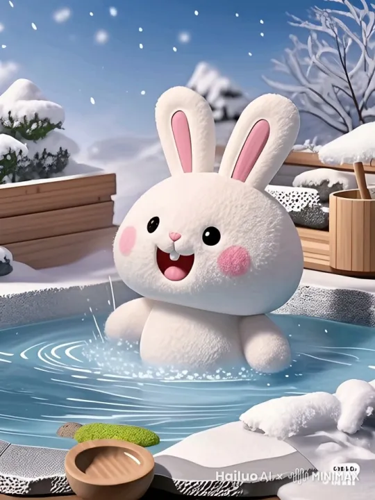 兔子泡温泉，开心的玩水，热气腾腾，天空飘着小雪花， by Hailuo AI Video Generator