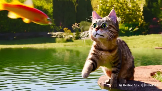 猫咪钓鱼被鱼戏耍的搞笑视频 by Hailuo AI Video Generator