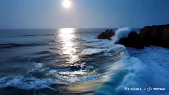 傍晚月光下 海浪拍打着礁石，电影质感 by Hailuo AI Video Generator