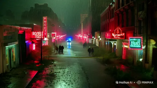 **开场镜头（0:00-0:05）**  
*远景·慢推镜头·雨夜*  
画面从高空俯瞰霓虹交错的破旧街区，雨水在镜头上划出模糊光痕。  
红灯区招牌（“玫瑰酒吧”“夜莺旅馆”）闪烁暗红色灯光，远处警车顶蓝光刺破雨幕。  
警戒线在风中晃动，模糊人影在黄黑色封锁带后晃动，雨点击打地面的声音渐强 by Hailuo AI Video Generator