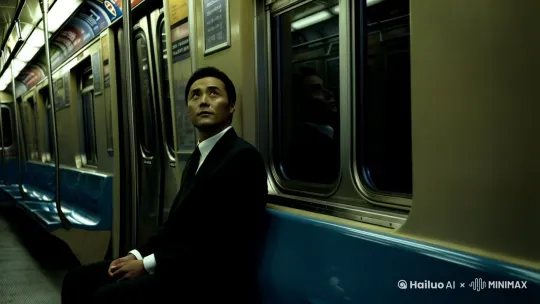 地铁末班车上一个西装革履的男士坐在空无一人的车厢中，抬头看着对面的车窗看着玻璃中反射的自己的脸，镜头不动，最后车窗中的人物露出一抹轻微的诡笑，王家卫风格 by Hailuo AI Video Generator