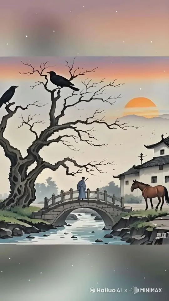 动画描述:
场景一:黄昏的荒野**
*镜头缓缓推进:画面从一片荒凉的荒野开始,枯黄的藤蔓缠绕着老树,树枝光秃秃的,几只乌鸦栖息在枝头,发出嘶哑的叫声。
镜头特写:镜头拉近,聚焦在一只乌鸦身上,它抖动着羽毛,眼神中透露着凄凉。
镜头移动:镜头顺着乌鸦的视线下移,画面中出现一座破旧的小桥,桥下流水潺潺,几户人家坐落在河边,炊烟袅袅升起。
场景二:古道上的旅人
镜头切换:画面切换到一条古老的驿道,西风呼啸,卷起阵阵尘土。
镜头跟随:一匹瘦弱的马匹出现在画面中,它驮着一位衣衫褴褛的旅人,缓缓前行。
镜头特写:镜头拉近,聚焦在旅人的脸上,他面容憔悴,眼神中充满了疲惫和思乡之情。
场景三:夕阳下的断肠人
镜头拉远:画面拉远,旅人和马匹的身影逐渐变小,与广袤的荒野融为一体。
镜头仰拍:夕阳西下,染红了半边天空,旅人的背影被拉得很长很长。
镜头定格:画面定格在旅人孤独的背影上,他驻足远眺,仿佛在遥望故乡的方向。
动画风格:
画面色调:整体色调偏暗,以灰褐色为主,营造出凄凉、萧瑟的氛围。
音乐:配以低沉、哀婉的音乐,例如二胡或箫声,烘托出旅人内心的孤寂和愁苦。
动画节奏:节奏缓慢,镜头语言细腻,注重细节刻画,让观众感受到时间的流逝和旅人内心的挣扎。
动画主题:
思乡之情:通过描绘旅人孤独的背影和荒凉的景色,表达出旅人对故乡的深切思念。
人生况味:通过对比“小桥流水人家”的温馨和“古道西风瘦马”的凄凉,引发观众对人生境遇的思考。 by Hailuo AI Video Generator
