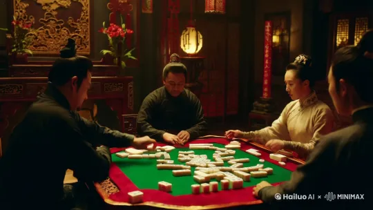 两男两女四个人打麻将，打着打着都动手互殴起来，互相抓对方头发互相打。 by Hailuo AI Video Generator