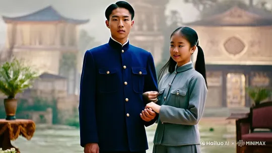 中国六十年代身穿65式留着三七分发型的中国年轻男子牵着一位身穿65式留着双马尾年龄相仿的中国女子 by Hailuo AI Video Generator