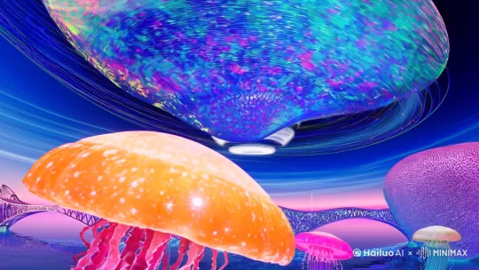 ///主题结构///
[场景类型]：超现实梦境空间
[核心元素]：{量子海螺漩涡}{晶体化水母云}{倒置巴比伦花园}{液态星轨}{记忆碎片棱镜}
[异常现象]：(时间流速可视化)(重力多向场)(物质波态转换)

///视觉参数///
色彩方案：
- 主色调：克莱因蓝（Pantone 19-4052）叠加全息镭射镀膜
- 对比色：生物荧光橙（HEX #FF6B35）与赛博朋克粉（CMYK 0,70,0,0）
- 光学效果：丁达尔虹彩衍射+非线性光晕衰减

构图架构：
- 透视：5点动态鱼眼畸变+克莱因瓶拓扑结构
- 层次：前景[量子化珊瑚矩阵] 中景[悬浮爱因斯坦-罗森桥] 背景[克莱因蓝奇点]

材质细节：
- 表面处理：纳米级虹彩氧化层+亚稳态等离子体包膜
- 质感参数：0.7粗糙度+1.3次表面散射+各向异性0.85

///超现实逻辑///
动态悖论：
1. [熔化的钟表]正在[反向结晶]过程中
2. [无机建筑]呈现呼吸式膨胀收缩（频率2.4Hz）
3. [海洋生物]在非欧几里得几何场中拓扑变形

光学异常：
- 施利伦纹影效应：折射率梯度可视化
- 切伦科夫辐射：超光速粒子轨迹残留
- 波粒二象性同步显现

///氛围参数///
环境变量：
- 空间曲率：黎曼流形局部扭曲度62%
- 时间维度：虚数时间轴偏移量Δt=3.2i
- 熵值表现：负熵流可视化涡旋

感知增强：
- 联觉映射：色彩→音阶（440Hz对应#00FF00）
- 记忆投影：离散式全息碎片（分辨率8K光子晶格）
- 阈限体验：清醒梦临界状态（θ波12Hz叠加） by Hailuo AI Video Generator