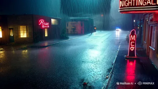 **开场镜头（0:00-0:05）**  
*远景·慢推镜头·雨夜*  
画面从高空俯瞰霓虹交错的破旧街区，雨水在镜头上划出模糊光痕。  
红灯区招牌（“玫瑰酒吧”“夜莺旅馆”）闪烁暗红色灯光，远处警车顶蓝光刺破雨幕。  
镜头拉近警车，车门打开，两个警察和一个哈利波特走了出来，哈利波特和警察走到空旷的地方后，哈利波特快速的从兜里抽出了一根魔杖，对折在他不远处的警察大喊咒语，一道绿色的闪电，从哈利波特伸着的手中的魔杖尖端飞出，绿色闪电飞出去，击中了两个警察，然后爆炸 by Hailuo AI Video Generator