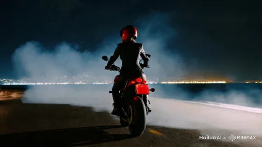 夜晚的沿海公路旁一个女人背对着镜头，身边停着一台全红的摩托车，女人身穿机车服，头戴头盔，四周弥漫着烟雾，远处的海面散发着城市的各种光亮。镜头由远及近，慢慢向前推进。 by Hailuo AI Video Generator