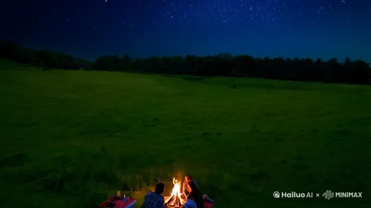 特写，逐步推进，夜晚的草原，篝火旁坐两个人，有说有笑，镜头最后定位到篝火 by Hailuo AI Video Generator