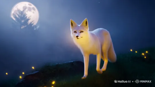 夜色朦胧，浑身洁白，身上的毛发浓密，特别美的灵狐出现在月亮之下，周围出现多只萤火虫 by Hailuo AI Video Generator