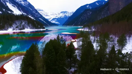 帮我生成冬天九寨沟风景，重点景色为树正群岛、五花海、五彩池 by Hailuo AI Video Generator