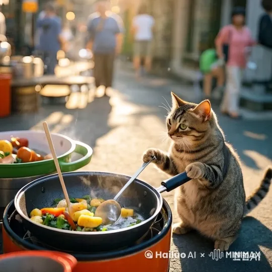 图中的小猫正在炒菜 by Hailuo AI Video Generator