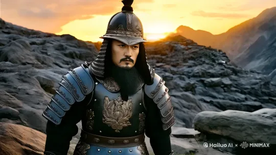 夕阳西下，一个士兵正在巡逻，背景为丛山峻岭 by Hailuo AI Video Generator