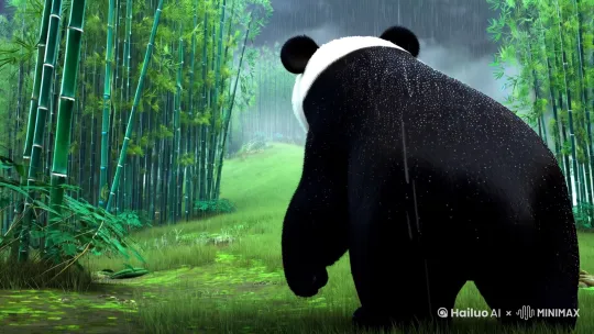 在一个阴雨绵绵的日子里，一只黑熊猫正悠闲地在竹林间漫步。雨水顺着它的毛发滴落，周围的空气弥漫着湿润的气息。突然，前方的草丛中传来一阵低沉的咆哮声。黑熊猫停下脚步，警觉地抬起头，只见一只体型庞大的老虎正从山坡上缓缓走下，目光如炬地盯着它。

老虎显然是在下山觅食，雨水打湿了它的皮毛，却丝毫没有减弱它的威严。两只动物在雨中静静地对视着，时间仿佛在这一刻凝固。黑熊猫虽然体型较小，但它的眼神中没有丝毫畏惧，反而透出一股坚定的力量。老虎则微微压低身子，尾巴轻轻摆动，随时准备发起攻击。

雨越下越大，周围的竹林在风雨中摇曳，发出沙沙的声响。黑熊猫和老虎之间的气氛越来越紧张，仿佛一场生死之战即将爆发。然而，就在这千钧一发之际，黑熊猫突然做出了一个出乎意料的举动——它缓缓地抬起前爪，做出了一个类似“停止”的手势。

老虎愣了一下，似乎对这种行为感到困惑。黑熊猫并没有趁机逃跑，而是继续保持着这个姿势，眼神中透出一种平和与智慧。老虎的敌意渐渐消退，它似乎意识到眼前的这只黑熊猫并不像其他猎物那样容易对付。

最终，老虎低吼了一声，转身消失在雨幕中。黑熊猫松了一口气，继续它的竹林漫步，仿佛什么都没有发生过。雨依然在下，但这场未发生的战斗却让这片竹林多了一份神秘与宁静。[右摇,变焦推进] by Hailuo AI Video Generator