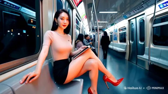 Create a video featuring a 25-year-old beautiful woman with a cold white skin tone. Her appearance is modeled after the Chinese actress Song Yi, with similar delicate features and elegant temperament. She is dressed in a tight T-shirt or shirt in a soft color like beige or light pink, which accentuates her 36E chest while maintaining an elegant look. She wears a black or dark-colored mini skirt that ends well above her thighs, showcasing her long legs. Her shoes are red high heels with slender heels, adding a touch of fashion and sexiness.

She is sitting in a metro carriage, with her body slightly leaning forward and her legs elegantly positioned, either together or slightly apart, to emphasize her long legs. The scene is set in a modern metro with bright lighting, featuring typical metro seating and background noise of the train running and other passengers. She has a confident and gentle expression, with one hand holding a phone or fashion magazine and the other resting on her leg or the seat.

The lighting is a mix of metro lights and soft fill lights, creating a bright and modern atmosphere that highlights her cold white skin and overall appearance. The overall vibe is urban, stylish, elegant, and subtly sexy, with the background sounds of the metro adding to the realism. by Hailuo AI Video Generator