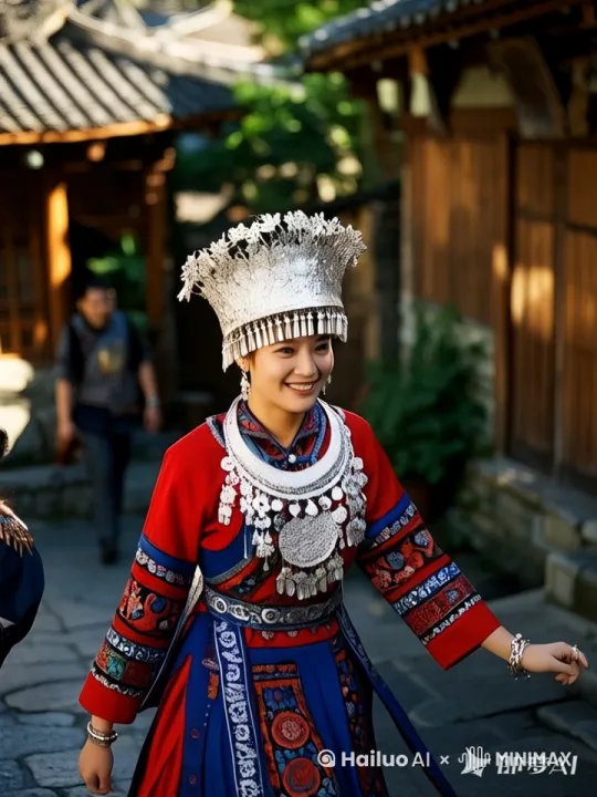 镜头推近至苗族少女侧脸，银质头饰、项圈、手镯特写，金属纹理高光闪烁，伴随“叮咚”碰撞声效，发丝随风飘动，采用微距镜头模拟，重点表现银饰雕刻纹样（如凤凰、花卉），面部表情柔和，背景虚化为江面波光，风格偏向东方美学 by Hailuo AI Video Generator