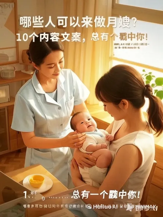 家人们，如果你正处在30到48岁这个黄金年龄段，不妨考虑加入月嫂这个行业！现在生活水平提高，大家对母婴护理的需求也越来越高，月嫂行业前景一片光明。

每天看着一个个可爱的小生命在自己的悉心照料下健康成长，那种成就感是无法用言语形容的。而且，这个行业薪资待遇相当不错，经验越丰富，收入越高，能让你在实现自我价值的同时，拥有丰厚的经济回报。

在这个行业里，你还能结识很多志同道合的朋友，拓展自己的人脉圈子。也不用担心年龄增长带来的职业瓶颈，因为你的专业和经验会随着时间的推移越来越值钱。

如果你也渴望一份稳定又有意义的工作，就别再犹豫了，赶紧加入月嫂行业，开启人生新的篇章！ by Hailuo AI Video Generator