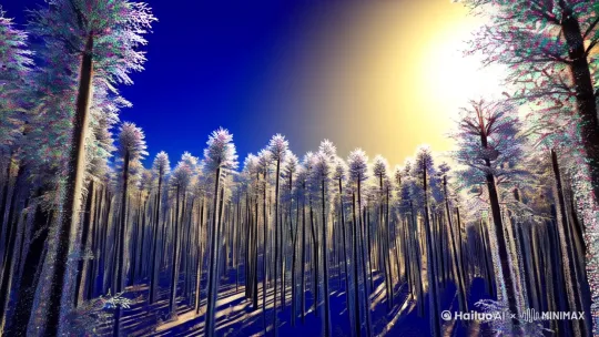这是一片被冬季魔法笼罩的森林。森林的面积大约有500公顷，每一棵树木都像是被大自然这位杰出的艺术家精心雕琢过。
天空是一种深邃而纯净的蓝色，就像一块巨大的宝石，蓝得几乎可以让人沉溺其中。太阳高悬，但它的光线是柔和的，散发着淡淡的金色光辉，像是给整个世界都披上了一层薄纱。天空中的气温大约是零下5°C，寒冷的空气让每一次呼吸都能看到白色的雾气，这些雾气在眼前短暂地弥漫后又缓缓散去。
这片森林里的树木主要是松树，它们高大挺拔，平均高度达到了20米。松针上挂满了晶莹剔透的雾凇，每一根雾凇都像是由无数颗微小的钻石组成，在阳光的照耀下闪烁着五彩斑斓的光芒，就像彩虹被困在了这冰寒的世界里。树与树之间的距离疏密有致，大约间隔3 - 5米，使得整个森林看起来既茂密又不会让人感到压抑。
森林的地面被一层厚厚的积雪所覆盖，雪的厚度大约在30厘米左右。这雪洁白无瑕，没有一丝杂质，像是刚刚从天上的云朵里剪裁下来铺在大地上。雪地上偶尔会有小动物留下的脚印，像是梅花形状的是野兔的脚印，而那种像小扇子一样的则是松鼠的脚印，这些脚印给这片寂静的森林增添了些许生机。
在森林的中心，有一个宁静的湖泊。湖泊的面积大约有2公顷，湖面像一面巨大的镜子，完美地倒映着天空、树木和周围的一切。湖水已经结成了冰，冰的厚度大概有10厘米，冰面平滑得如同溜冰场。冰面上还有一些不规则的裂纹，像是大自然用冰刀刻画上去的神秘图案。
远处的山脉连绵起伏，山峰被白雪覆盖，在阳光的映照下闪耀着银色的光芒。山脉的海拔大约在1000 - 1500米之间，那些高耸的山峰直插云霄，像是在守护着这片冬日的美景。山脉的轮廓在蓝天的映衬下显得格外清晰，给人一种雄伟而又宁静的感觉。
风轻轻地吹过，带来了更多的寒冷气息，但也吹动了松树上的雾凇，发出轻微的“簌簌”声，仿佛是冬天在演奏一首轻柔的交响曲。整个森林沉浸在一片静谧之中，只有这风声和偶尔传来的几声鸟鸣，像是在诉说着这个冬季独有的故事。

 by Hailuo AI Video Generator