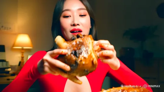 我准备生成如下视频。一位身穿红色低胸紧身衣的身材火辣少女,她是一名吃播。正在直播吃卤羊头。在她面前有一大盘羊头,同时她双手拿着一个大大的羊头正在啃食咀嚼。咽下一口后,擦一擦油腻的嘴角,朝观众露出满意的甜美的微笑。 by Hailuo AI Video Generator