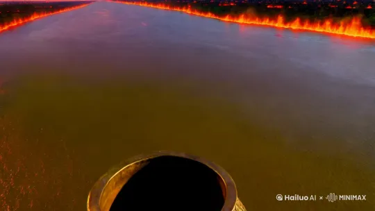 航拍视角掠过燃烧的黄河，青铜巨鼎悬浮空中。 by Hailuo AI Video Generator