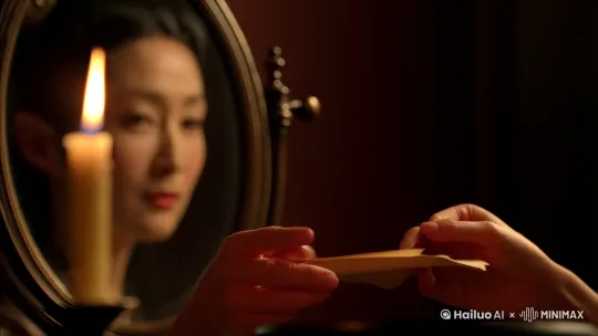 残烛将尽，铜镜映出中国古代女子侧影。纤指将信笺反复折叠又展开，最终撕成碎片，碎屑如落花坠入火盆。火舌舔舐纸页时，墨字"永诀"在焦边中蜷曲成灰。[固定镜头] by Hailuo AI Video Generator
