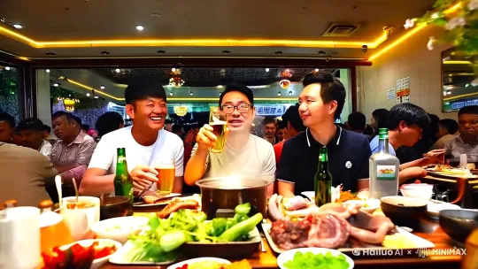 脚本标题：重庆夜话

场景描述：

时间：现代，夜晚

地点：中国重庆，一家热闹的火锅店

背景：店内灯火通明，热气腾腾的火锅在桌中央翻滚，周围是嘈杂的食客声和重庆方言的交谈声。窗外是重庆的夜景，高楼林立，霓虹闪烁，长江和嘉陵江在远处交汇，江面上偶尔有游船驶过。

人物：

胖哥：38岁左右，性格开朗，喜欢开玩笑，穿着白T桖，手里拿着啤酒杯。

张伟：42岁，性格沉稳，戴着眼镜，穿着简单的POLO衫和牛仔裤，手里拿着酒杯。

林少：39岁，性格感性，穿着格子衬衫，手里拿着酒杯，眼中含泪。

脚本正文：

[镜头1：全景]
镜头从火锅店外缓缓推入，透过玻璃窗可以看到店内热闹的场景。火锅的热气在灯光下升腾，三名好友围坐在桌边，桌上摆满了毛肚、鸭肠等各种食材和啤酒瓶，林少面前的白酒瓶。

[镜头2：中景]
胖哥举起酒杯，笑着对松哥说：“来，大哥，咱俩再干一个！今天不醉不归！”

松哥笑着摇头，但还是举起酒杯：“你小子，每次都这么说，结果每次都是我先倒。”

两人碰杯，啤酒泡沫溅出，笑声在空气中回荡。

[镜头3：特写]
林少坐在一旁，手里握着酒杯，眼神有些迷离。他看着两人碰杯，突然低下头，眼中泛起泪光。

[镜头4：中景]
胖哥注意到林少的异常，放下酒杯，关切地问：“二哥，怎么了？今天怎么这么感性？”

林少抬起头，勉强笑了笑：“没事，就是觉得……咱们仨能一直这样在一起，真好。”

[镜头5：特写]
松哥也放下酒杯，拍了拍林少的肩膀：“林少，别想那么多。咱们兄弟几个，不管以后怎么样，都会一直在一起的。”

林少点点头，眼中的泪水终于滑落，但他很快擦掉，举起酒杯：“来，咱们一起干一个！”

[镜头6：全景]
三人同时举起酒杯，酒杯在空中碰撞，发出清脆的响声。火锅的热气继续升腾，背景是重庆的夜景，灯火辉煌，江风轻拂。

[镜头7：慢动作]
酒杯碰撞的瞬间，啤酒泡沫四溅，三人的笑容在慢动作中显得格外灿烂。林少的泪水在灯光下闪烁，但他笑得比谁都开心。

[镜头8：远景]
镜头缓缓拉远，火锅店内的喧嚣逐渐淡去，只剩下三人的笑声和重庆的夜景。长江和嘉陵江在远处静静流淌，仿佛在见证这份深厚的友谊。

[字幕]
“友情如酒，越久越醇。——重庆夜话”

[音乐]
背景音乐渐起，是一首温暖的中文流行歌曲，旋律轻快而深情，伴随着重庆的夜景，缓缓结束。

脚本结束 by Hailuo AI Video Generator