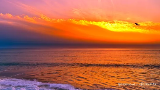 写实风格海边日落图描述背景• 天空：天空被夕阳染成渐变的色彩，从地平线附近的深橙色到天空顶部的淡紫色。云朵被夕阳的余晖照亮，呈现出粉红色和金色的边缘。• 海面：海面波光粼粼，反射着天空的色彩，呈现出橙色、粉色和紫色的波光。海浪轻轻拍打着岸边，形成白色的浪花。元素1. 灯塔：• 位置：灯塔位于画面的左侧，矗立在一块岩石峭壁上。• 细节：灯塔是白色的，有黑色的横条纹，顶部有一个红色的灯室，灯光柔和地闪烁，为归航的船只指引方向。• 材质：灯塔的表面有石头的质感，底部有一些海草和藤壶附着。2. 渔船：• 位置：几艘小渔船停泊在画面的右侧，靠近海岸。• 细节：渔船是木制的，船体呈现出深棕色，船帆已经降下，船上有一些渔网和工具。• 动作：一艘渔船正在缓缓驶向岸边，船尾留下一道白色的波纹。3. 海鸟：• 位置：海鸟在天空中自由翱翔，有的在灯塔附近盘旋，有的在海面上低飞寻找食物。• 细节：海鸟的羽毛呈现出灰色和白色，翅膀的轮廓清晰可见，飞行姿态自然生动。4. 岸边：• 沙滩：沙滩上有一些贝壳和海星，被夕阳的余晖染成金色。• 植被：岸边有一些低矮的灌木和草丛， by Hailuo AI Video Generator