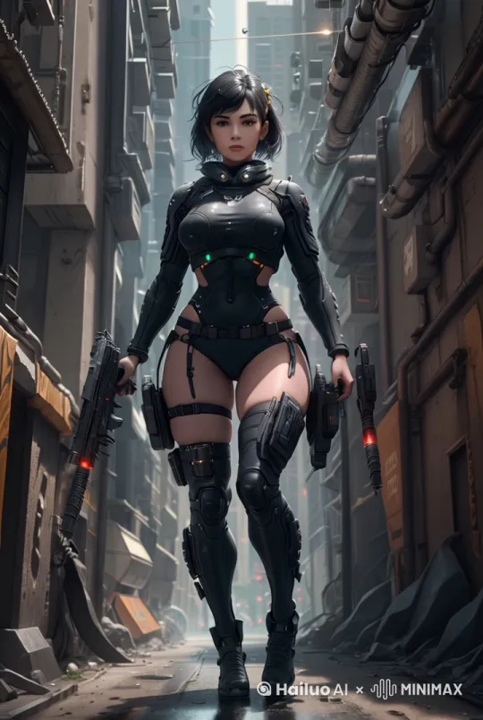 一位赛博朋克风格的女特种兵，身穿高科技战斗服，手持未来感武器，正在快速奔跑，同时向四周开火。背景中充满弹道火花和光影效果，整体画面充满动感和科技感，色调以冷色为主，搭配霓虹灯般的亮色点缀，突出赛博朋克的美学风格。 by Hailuo AI Video Generator