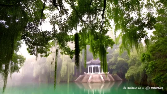 晨雨过后，我穿过繁茂的林间，那池碧潭便映入我眼帘，湖水是那么的绿，从高处望去，像是一池无瑕的蓝宝石，晶莹剔透，水面清亮如镜。一叶轻舟划过水面，古旧的凉亭，在轻雾绿缭绕的的镜面上格外的和谐。叶子上挂满了露水，垂下的绿枝随风飘动，如诗境，如幽境，仿佛走进了一处静谧的画中 by Hailuo AI Video Generator