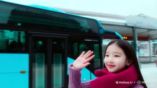 大雪纷飞的车站前，围着围巾的美丽女孩，跟刚上公交车的男友挥手再见，表情可爱，参考韩国电视剧的色调和运镜 by Hailuo AI Video Generator
