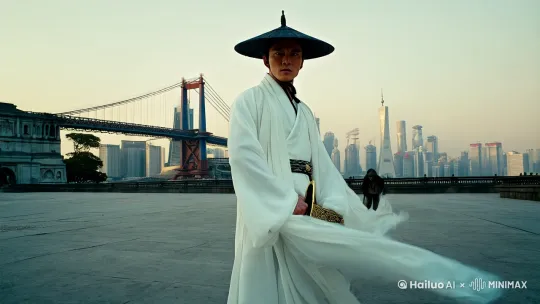 在上海外滩边，戴着斗笠的男侠客，手持长剑，身穿白衣，随风飘扬，前方是三个丧尸，侠客慢慢从剑鞘里拔出剑，徐克风格 by Hailuo AI Video Generator
