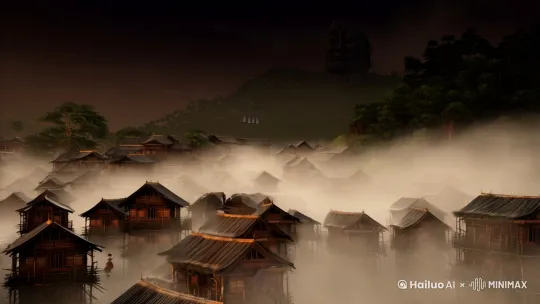 】片头：雨夜苗寨空镜**  
*画面*：航拍镜头穿过浓雾，百年吊脚楼鳞次栉比，闪电照亮后山形似人脸的岩壁。  
*音效*：闷雷声混着若隐若现的铃铛响  
*字幕*：湘西雾隐寨·子时三刻  
 by Hailuo AI Video Generator