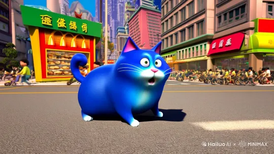 一只蓝色的胖猫在麦当劳门口因为付不起麦当劳的钱被人追跑到重庆大轿跳下了江，然后来到水下的蟹堡王 by Hailuo AI Video Generator