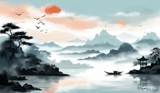 太阳缓缓从东边升起，迷雾渐渐散去，漏出山峦的轮廓，一群征燕飞着，水面缓缓流动，渔民驾驶这小船在湖面上撒网捕鱼。 by Hailuo AI Video Generator