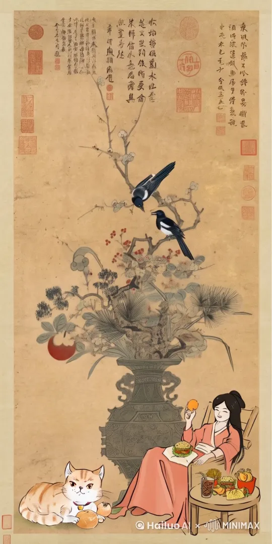 视频开始时，画面静止，展现出古画的全貌。背景是古朴的宣纸色，上面绘有梅花、松树和柿子树等植物。两只黑白相间的喜鹊栖息在梅花枝头，一只低头啄食，一只抬头张望，似乎在交流。

随着视频的推进，喜鹊开始活跃起来。它们在枝头跳跃，叽叽喳喳地叫着，互相追逐。一只喜鹊飞到柿子树上，开始啄食红色的柿子果实，另一只紧随其后，也在寻找食物。柿子树的枝条轻轻晃动，仿佛在回应喜鹊的动作。

与此同时，微风轻轻吹过，画面中的树叶开始微微颤动。梅花的花瓣轻轻摇摆，松针也随风摆动，增加了画面的生动感。风吹动树叶的效果通过AI技术细致地表现出来，使整个画面更加真实和富有生命力。

地面上，一只橘黄色的猫咪懒洋洋地趴着，眼睛半睁半闭地盯着喜鹊。突然，一个柿子从树上掉下来，正好落在猫咪面前。猫咪慢慢地起身，嗅了嗅柿子，然后一口一口地吃了起来，表情十分满足。在猫咪吃柿子的过程中，它的尾巴轻轻摆动，显得十分惬意。

画面右下角，一位身穿粉色长裙的古代美女坐在椅子上，手里拿着一只鸡腿。她微笑着看着猫咪和喜鹊，似乎被它们的互动逗乐了。她咬了一口鸡腿，满脸笑容，显得十分开心。在她吃东西的过程中，桌上的食物也随着微风轻轻晃动，增加了画面的动态感。

视频的最后，画面再次静止，回到最初的古画全貌，但这次的画面中充满了刚才的动态记忆。整个视频通过AI技术，将静态的古画赋予了生命，展现了一个生动、有趣的生活场景。风吹动树叶的效果和猫咪尾巴的摆动，使整个画面更加生动和富有层次感。 by Hailuo AI Video Generator
