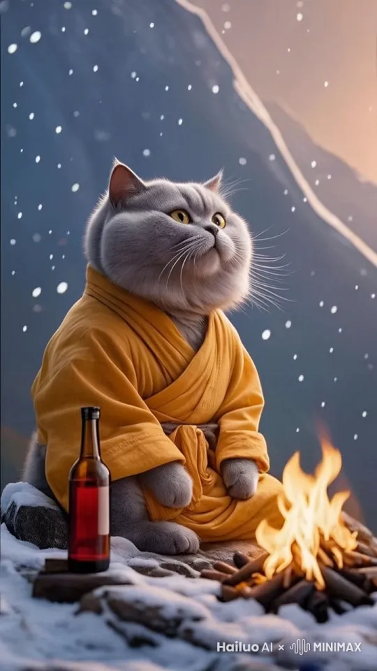 微风轻轻吹动身上的毛发，脸上的毛发在风中轻轻不停地飘拂着，身上的衣服也在风中吹动轻微有动感，头轻轻转过右边一点点，略微睁开眼睛一条缝瞄一眼，右手轻轻抓起酒瓶放嘴边用力喝了一只并吞下，有吞咽动作和腹部衣服有动感，再放下瓶子，然后恢复初前动作，再任风吹动毛发 by Hailuo AI Video Generator