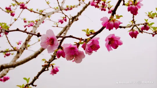 中国传统水墨画风格，几枝姿态优美的梅树横斜，其上点缀着数朵梅花，从紧闭的花苞逐渐绽放至盛开，花瓣细腻，层次分明，仿佛能闻到淡淡的花香，背景是一片留白，近景特写，镜头缓缓推进，捕捉每一朵梅花绽放的瞬间，展现出生命的勃勃生机与坚韧不拔。 by Hailuo AI Video Generator