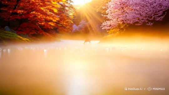 山涧晨雾中漂浮的樱花雨,逆光拍摄金色光束穿透枫叶层,鹿群低头饮水的慢动作特写,溪流倒映着薄雾与晨曦的渐变橙粉,背景虚化的苔藓挂着晶莹露珠,4K超清画质+浅景深效果,镜头从溪水低角度缓缓抬升,画面比例9:16 by Hailuo AI Video Generator