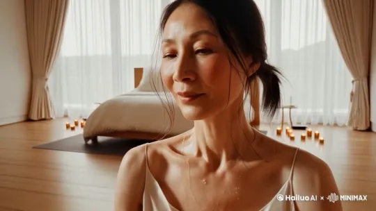 运动完后  内心平和  表情喜悦满足 双手合十  闭眼冥想  胸部丰满 镜头推远 漏出人物全身 双腿跌坐 双腿穿瑜伽裤 by Hailuo AI Video Generator
